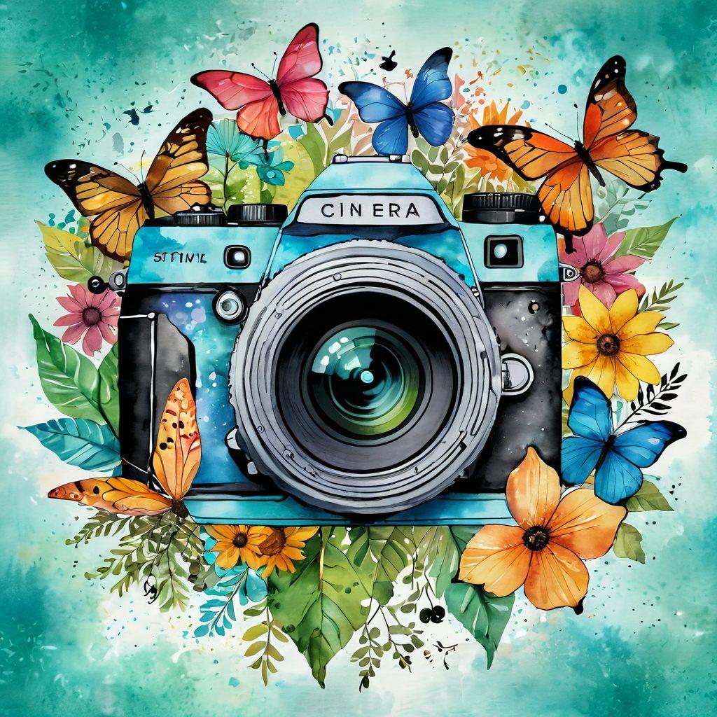 A vibrant, hand-painted collage of a camera's lens reflecting various life scenes, including nature, cityscapes, and artistic moments. Surround the lens with colorful splashes and doodles symbolizing creativity, inspiration, and stories waiting to be told. Add whimsical elements like butterflies and musical notes to enhance the journey theme. pastel colors. artistic watercolor style.