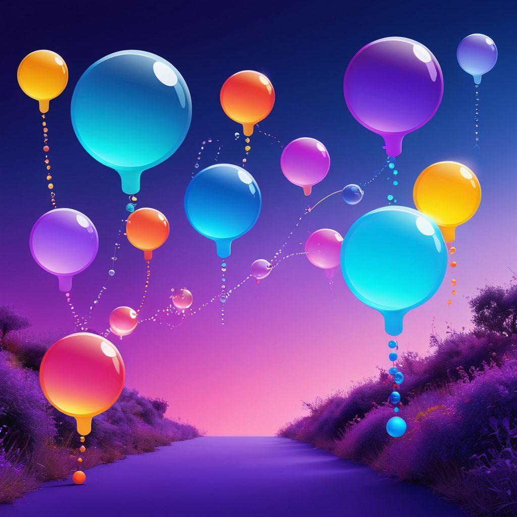 A vibrant digital landscape representing a diverse blogosphere, showcasing interconnected blogs as colorful bubbles. Each bubble features creative icons like light bulbs, pens, and chat bubbles, illustrating creativity and connection. A pathway made of multicolored words leads through the bubbles, inviting exploration. The background is a gradient of blue and purple, evoking a sense of wonder and innovation. vivid colors. digital art.