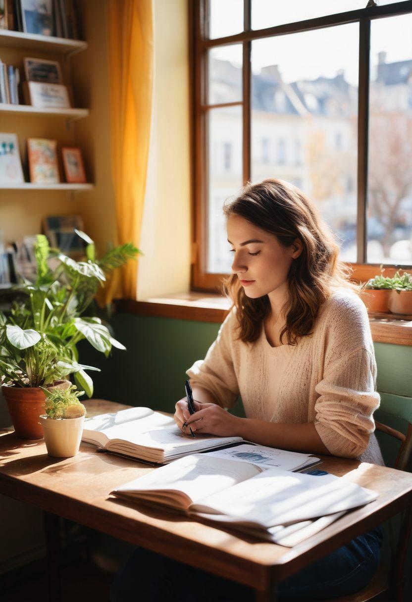 Alicia sitting in a cozy, sunlit café, surrounded by notebooks and ink pens, deep in thought while capturing life on her blog. A soft glow envelops her as vibrant scenes from her blog posts come to life around her, portraying nature, city life, and personal moments. The overall feeling is warm and inviting, inspiring creativity. watercolor style. vibrant colors. soft light.